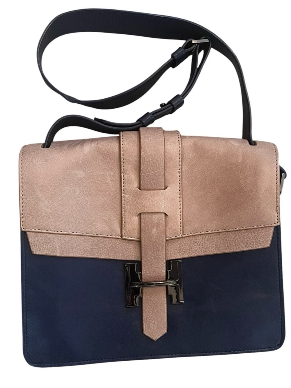 Halston Heritage Navy Brown Colorblock Genuine Leather Crossbody Shoulder Bag